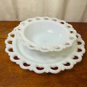 Beautiful Vintage Anchor Hocking Milk Glass Lace Edged Plate & Bowl